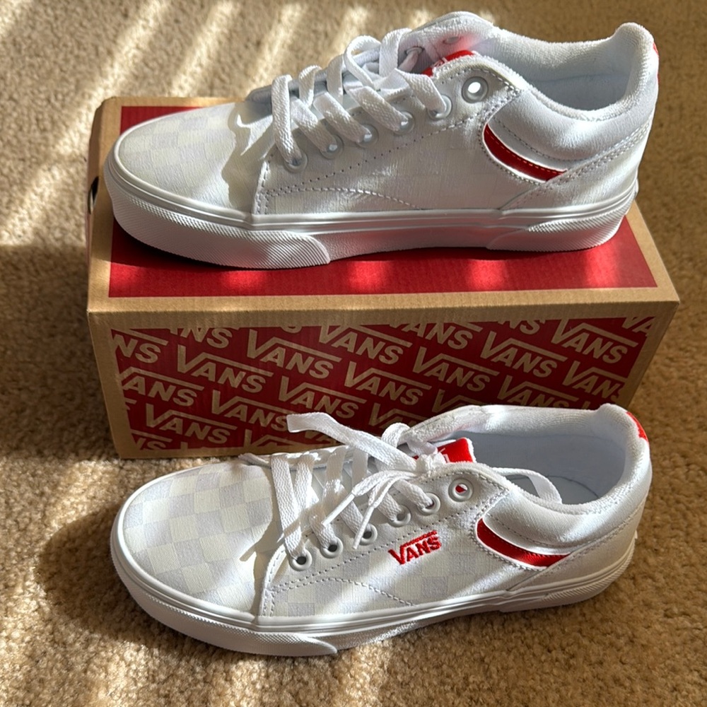 NWOT Vans Checkerboard White and Red Sneakers. Offers welcomed.